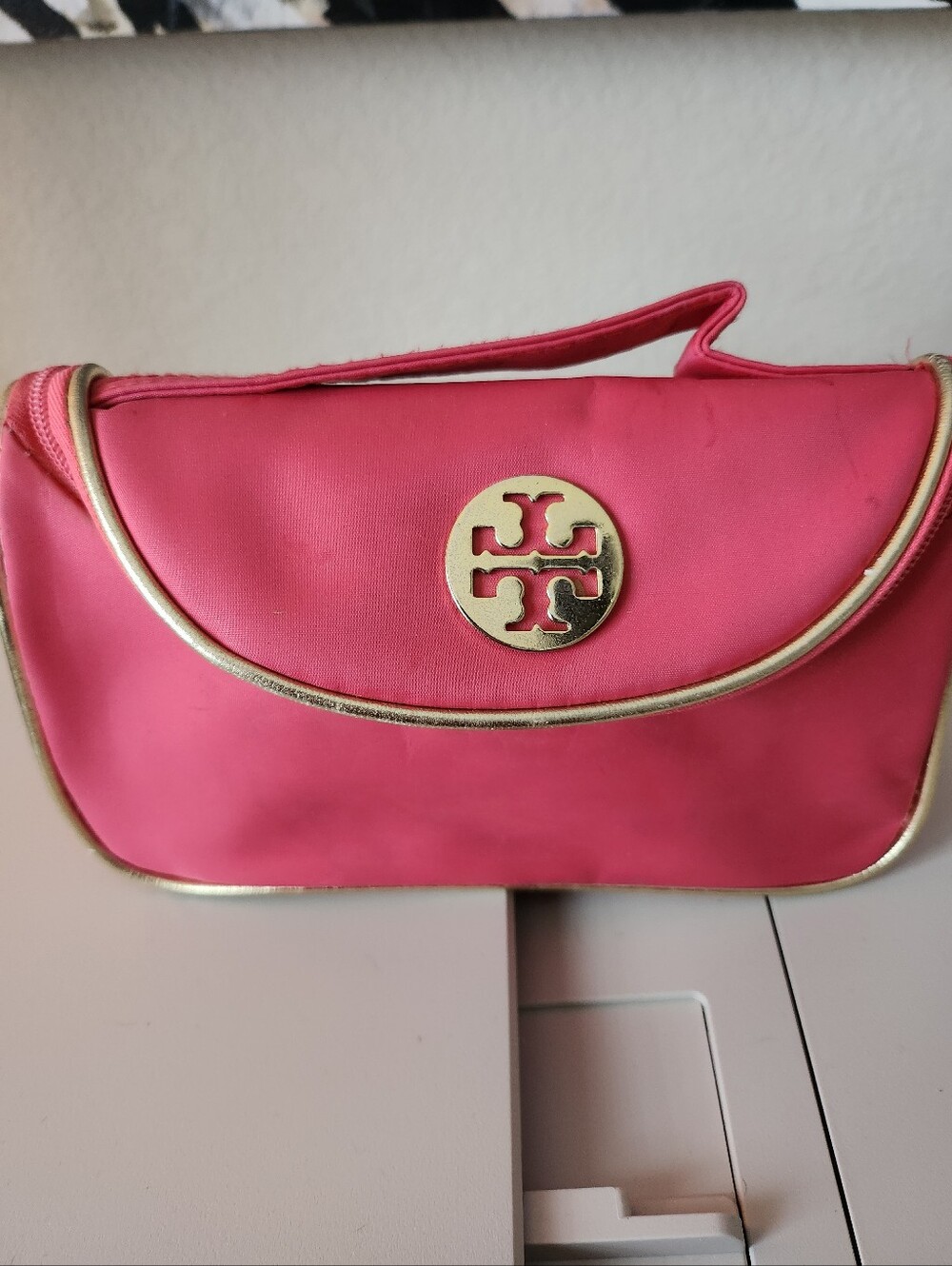 Tory Burch Peach Nylon Cosmetic Bag with Gold Trim/hardware